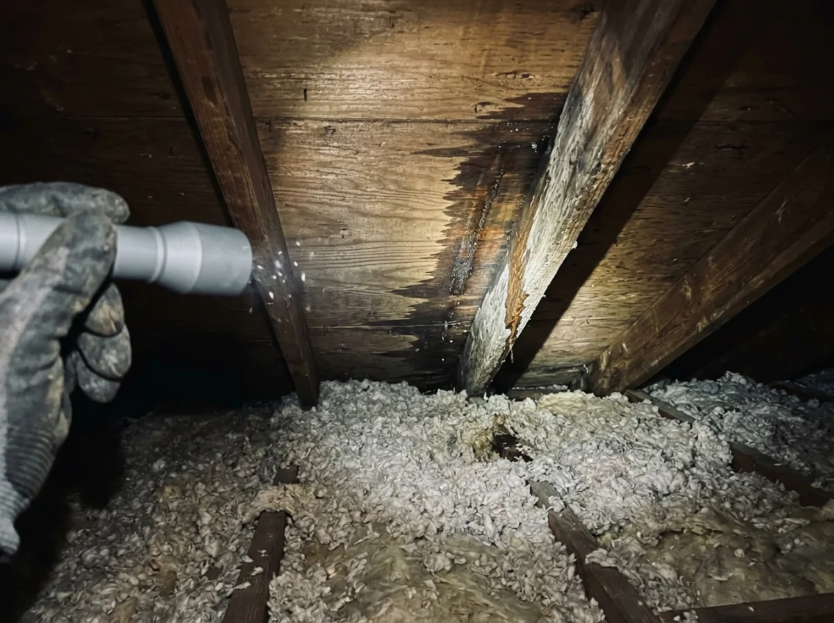 Flashlight beam on water-stained roof sheathing and rafters inside a dim attic