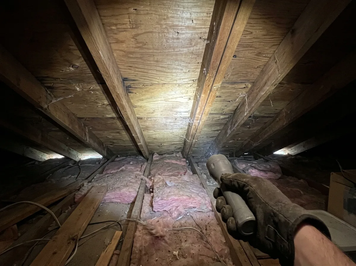 Flashlight beam on wood rafters and roof sheathing in an attic during a structural check