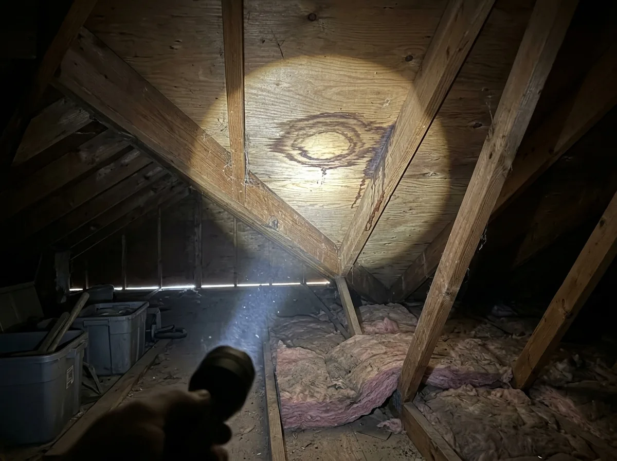 Flashlight beam on water-stained roof sheathing and a dark drip mark inside a dim attic