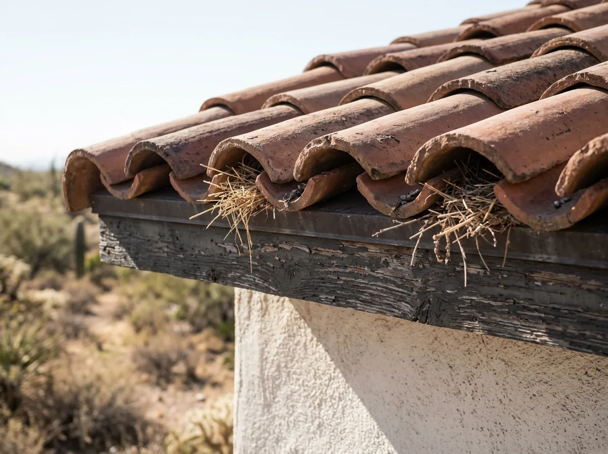 Open arches under the eave course of a clay barrel tile roof with nesting straw poking out