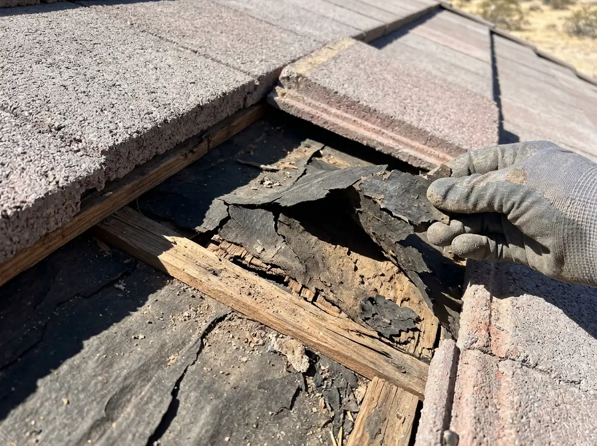 Torn and brittle black felt underlayment exposed under lifted concrete roof tiles