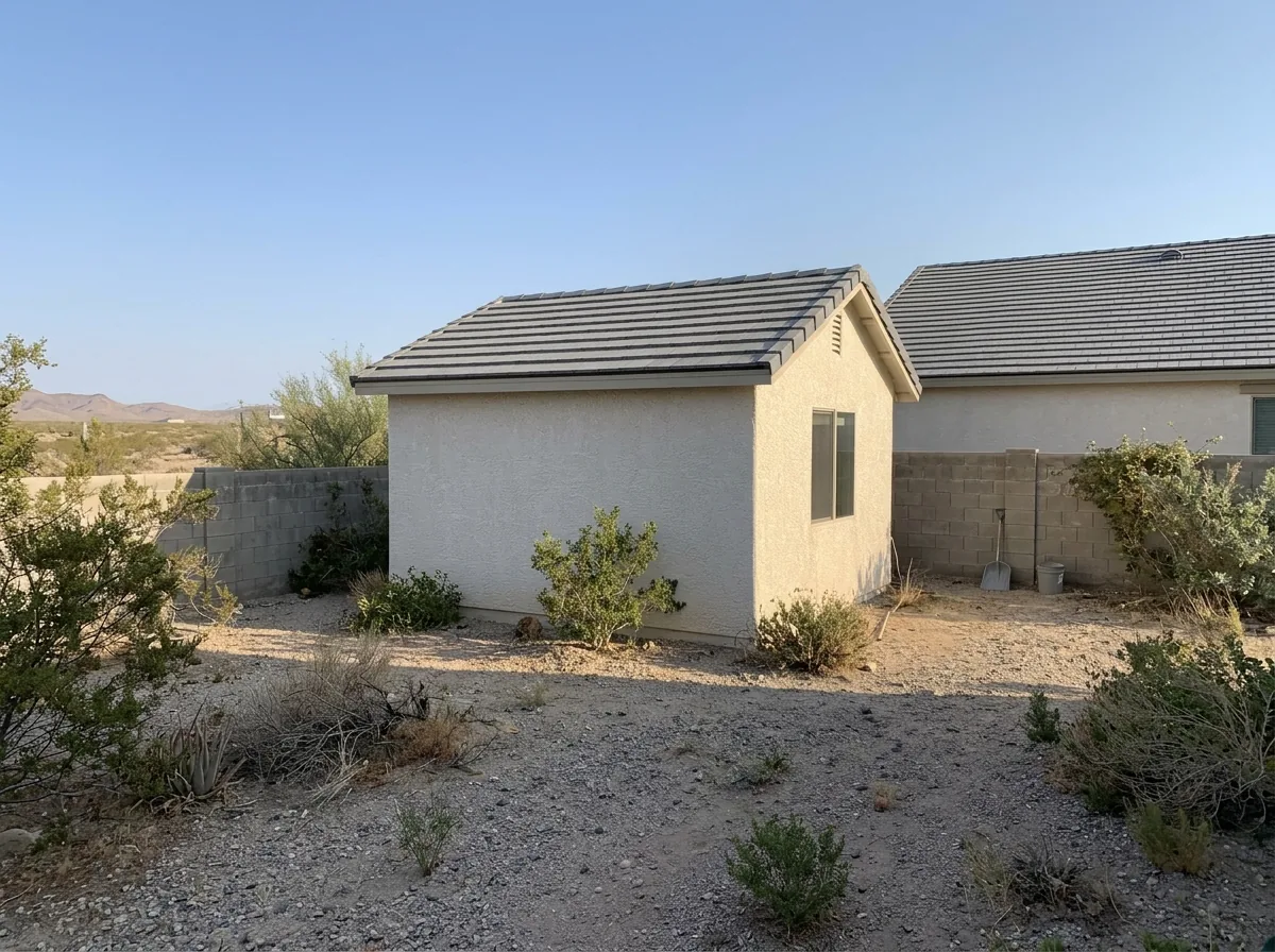 Detached stucco casita with a new concrete tile roof beside a main house in a desert yard