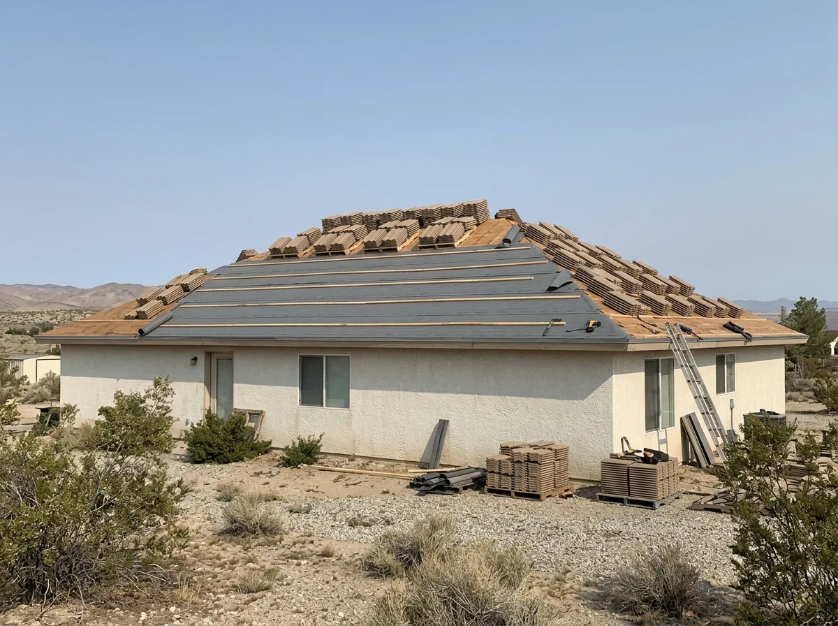 Roll of mineral-surfaced cap sheet laid over wood roof decking, with stacked concrete tile waiting on the ridge
