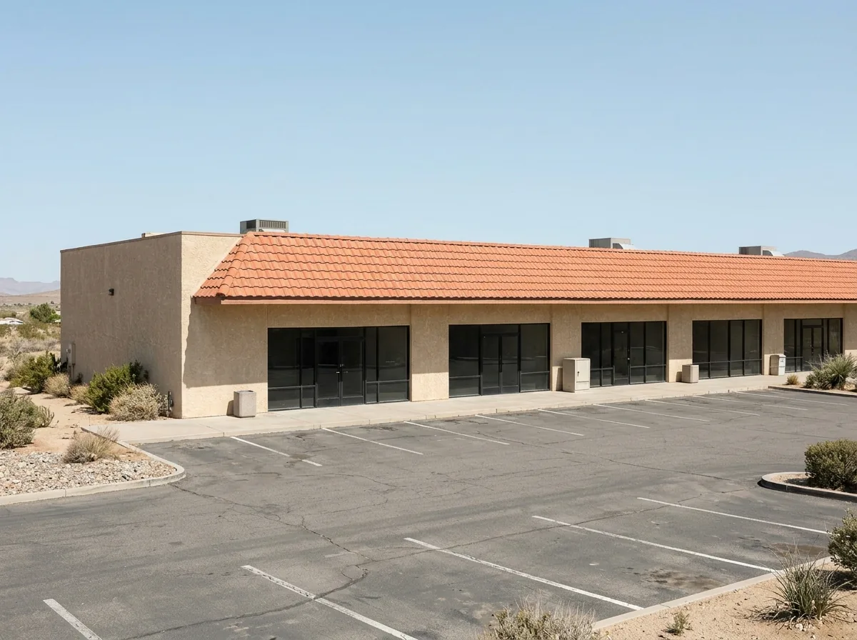 Single-story stucco retail building with a sloped concrete tile mansard above the storefronts and a flat roof behind