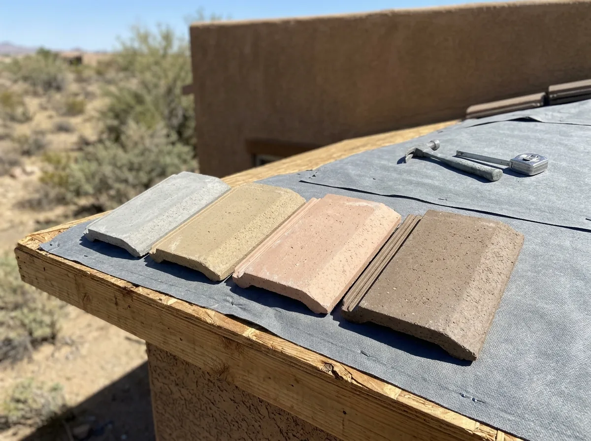 Sample concrete roof tiles in light gray, tan and terracotta laid out on a sunny roof deck