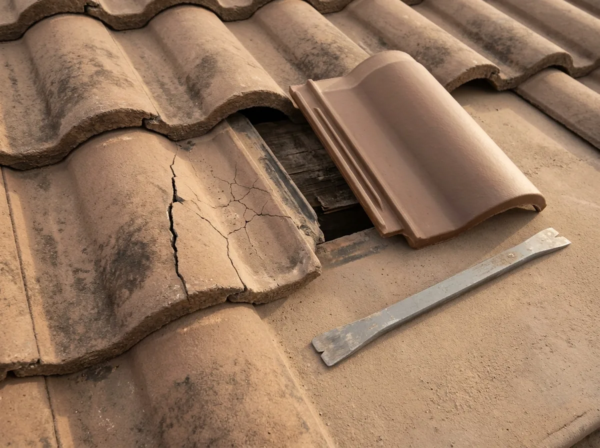 Cracked and slipped concrete roof tiles with a replacement tile ready beside them