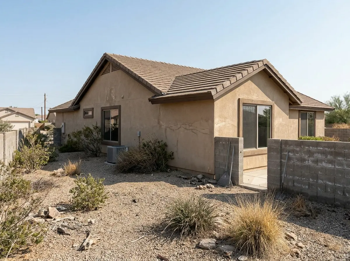 Flat concrete roof tiles with a rough wood-shake texture in brown tones on a stucco house