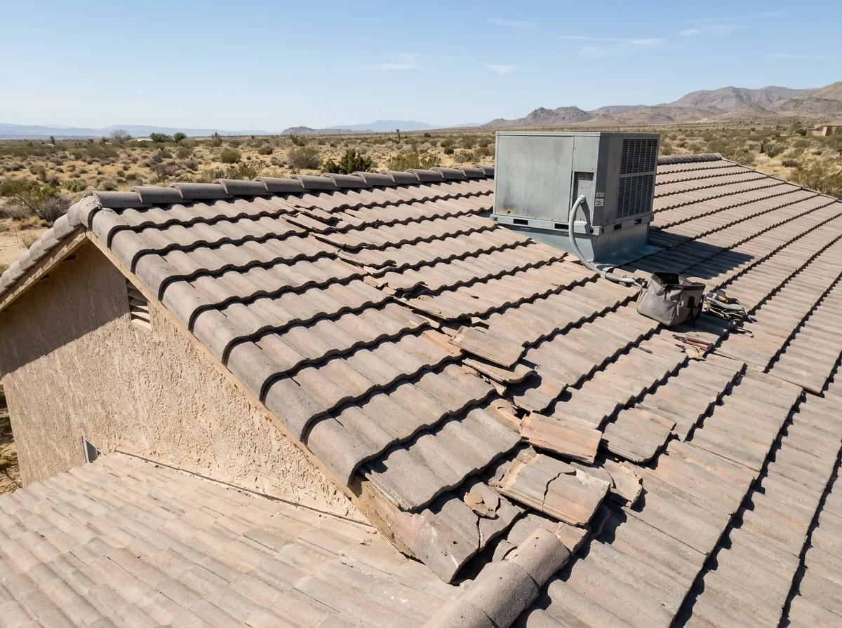 Cracked concrete roof tiles along a walking path to a rooftop air conditioning unit on a stucco house