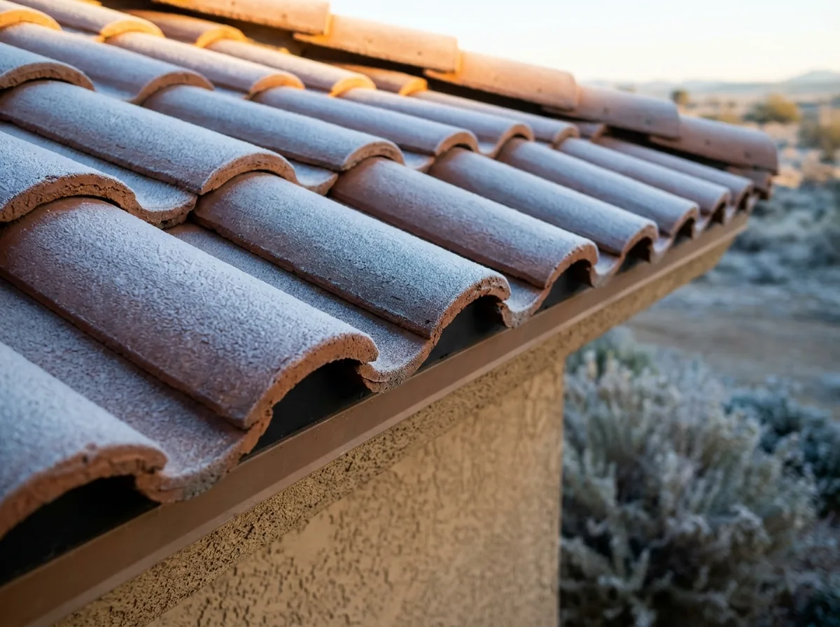 Frost on curved clay roof tiles at sunrise on a stucco house roof with desert scrub below
