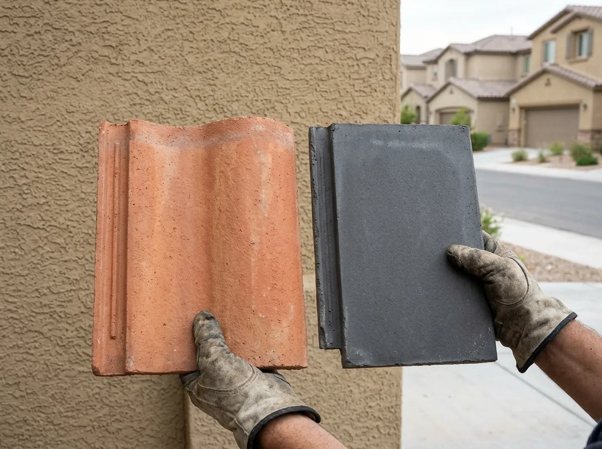 Two concrete roof tile samples, one terracotta S-tile and one gray flat tile, held side by side against a stucco wall