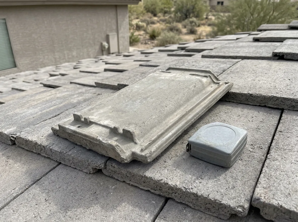 Loose concrete roof tile turned over to show its underside lugs and stamp area on a tile roof