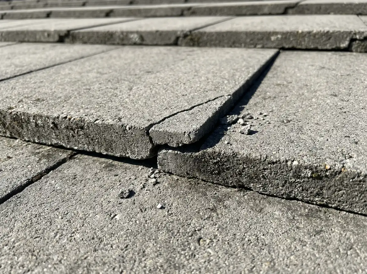 Close view of the interlocking side lap between two flat concrete roof tiles with one cracked corner