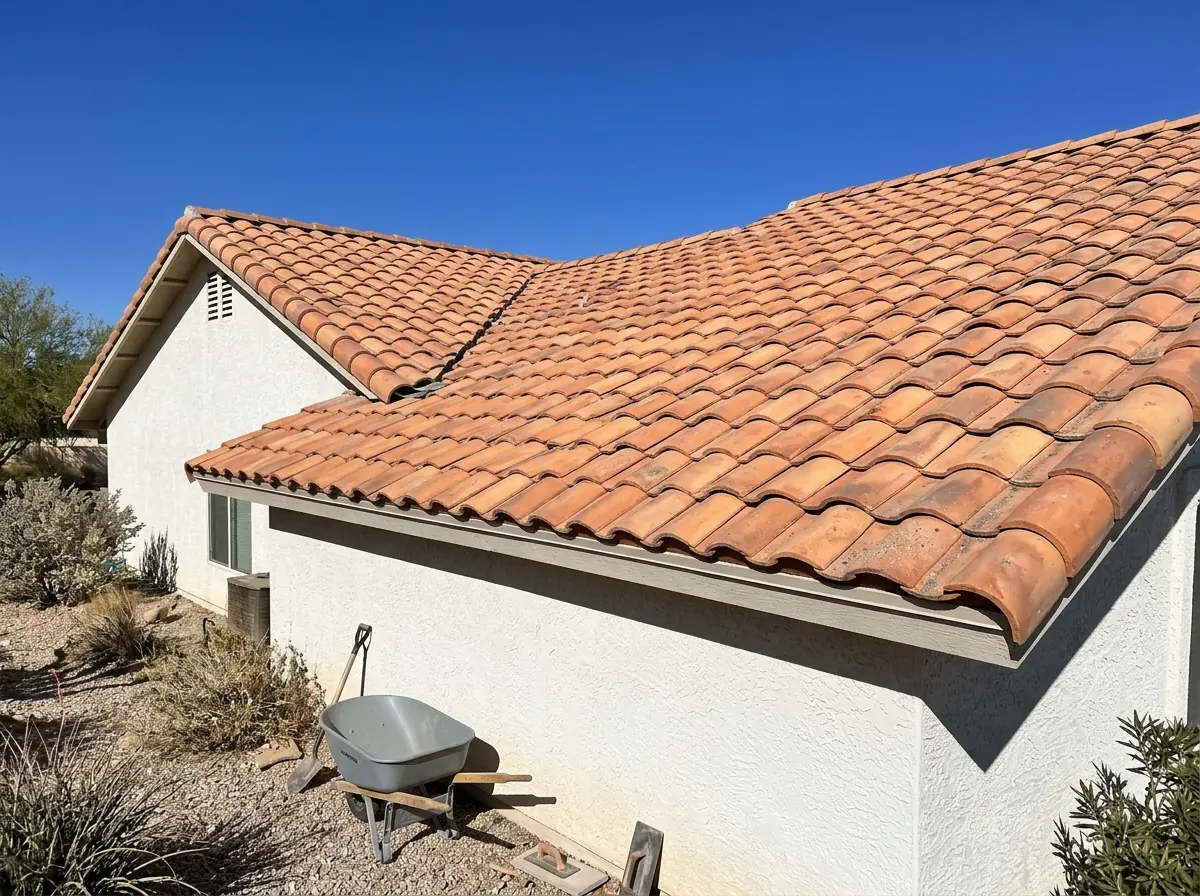 Unglazed terracotta clay roof tiles in warm orange tones on a stucco house roof under a clear sky
