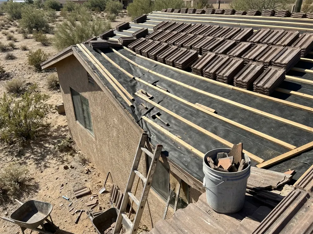 Rows of original concrete tiles stacked on battens near the ridge during a lift and relay on a desert home