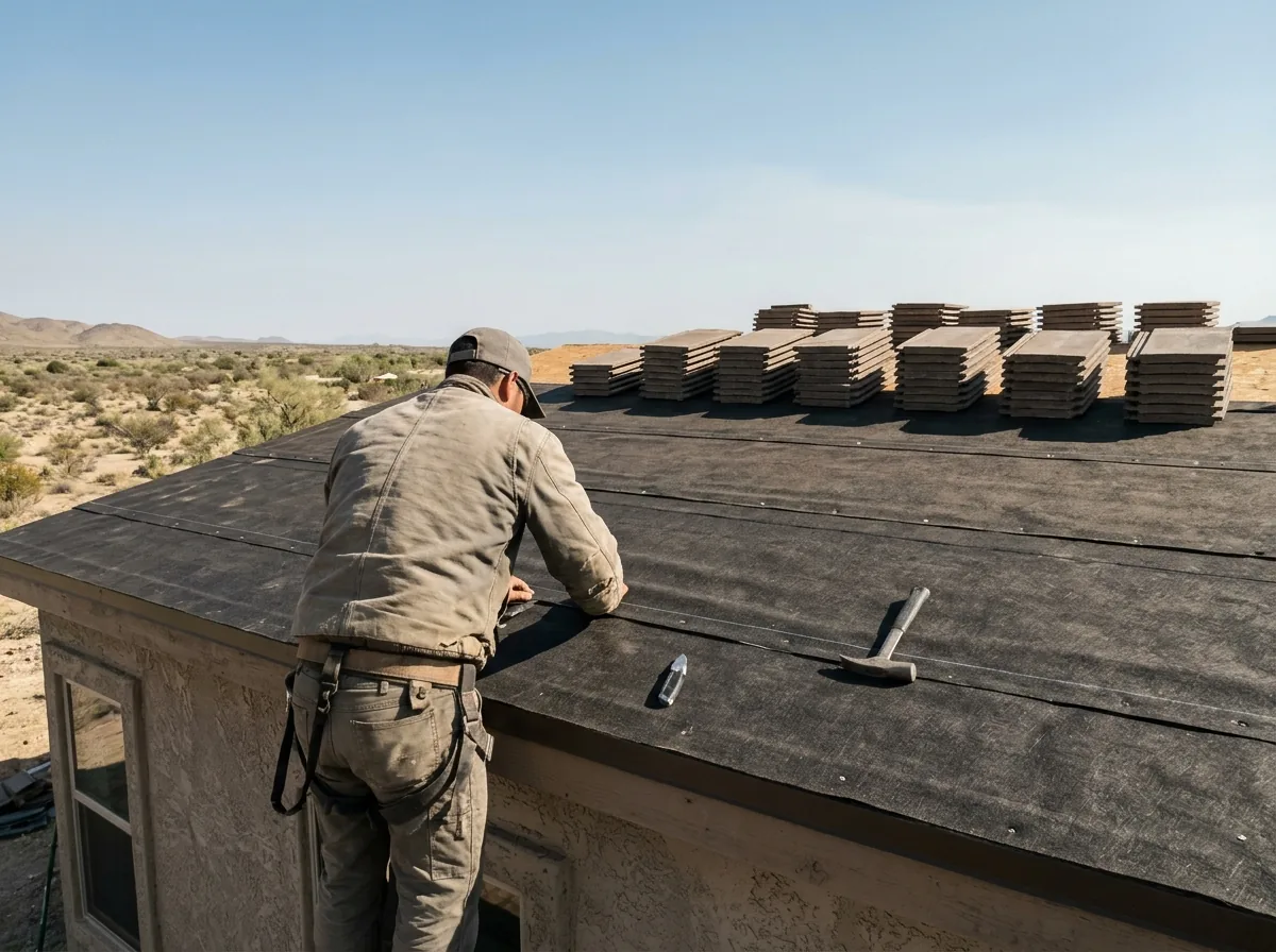 Roofer from behind laying two overlapping layers of underlayment on a low-pitch roof deck before tiling