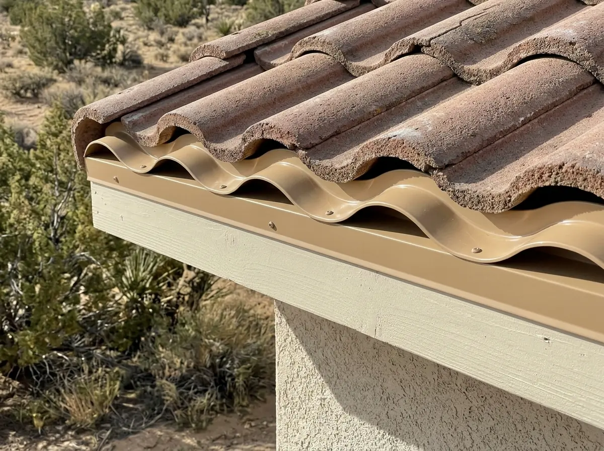 Painted metal bird stop strip closing the openings under the first row of S-tiles at a roof eave
