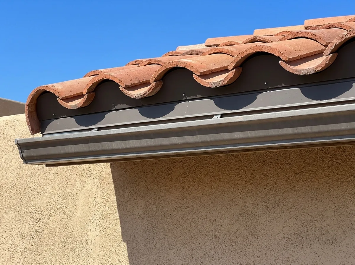 Row of metal bird stops closing the open ends of curved clay tiles at the eave of a stucco house
