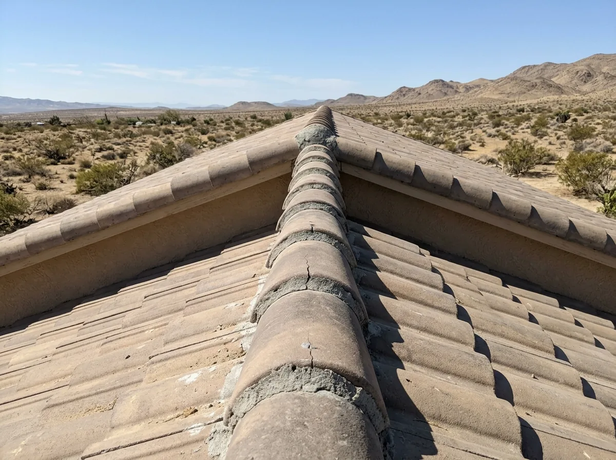 Row of concrete ridge caps bedded in gray mortar along the peak of a tile roof