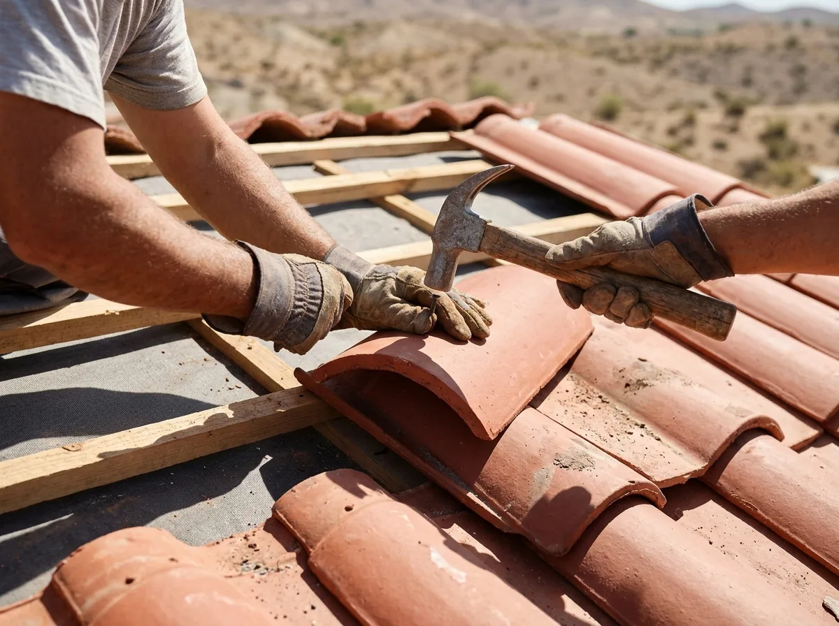 Gloved hands fastening a clay barrel cover tile onto a wood batten on a tile roof