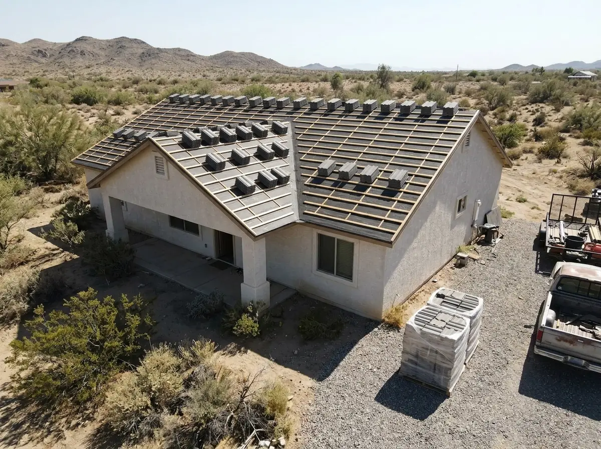 Pallets of new gray concrete S-tiles loaded along the ridge of a re-roofed stucco ranch house