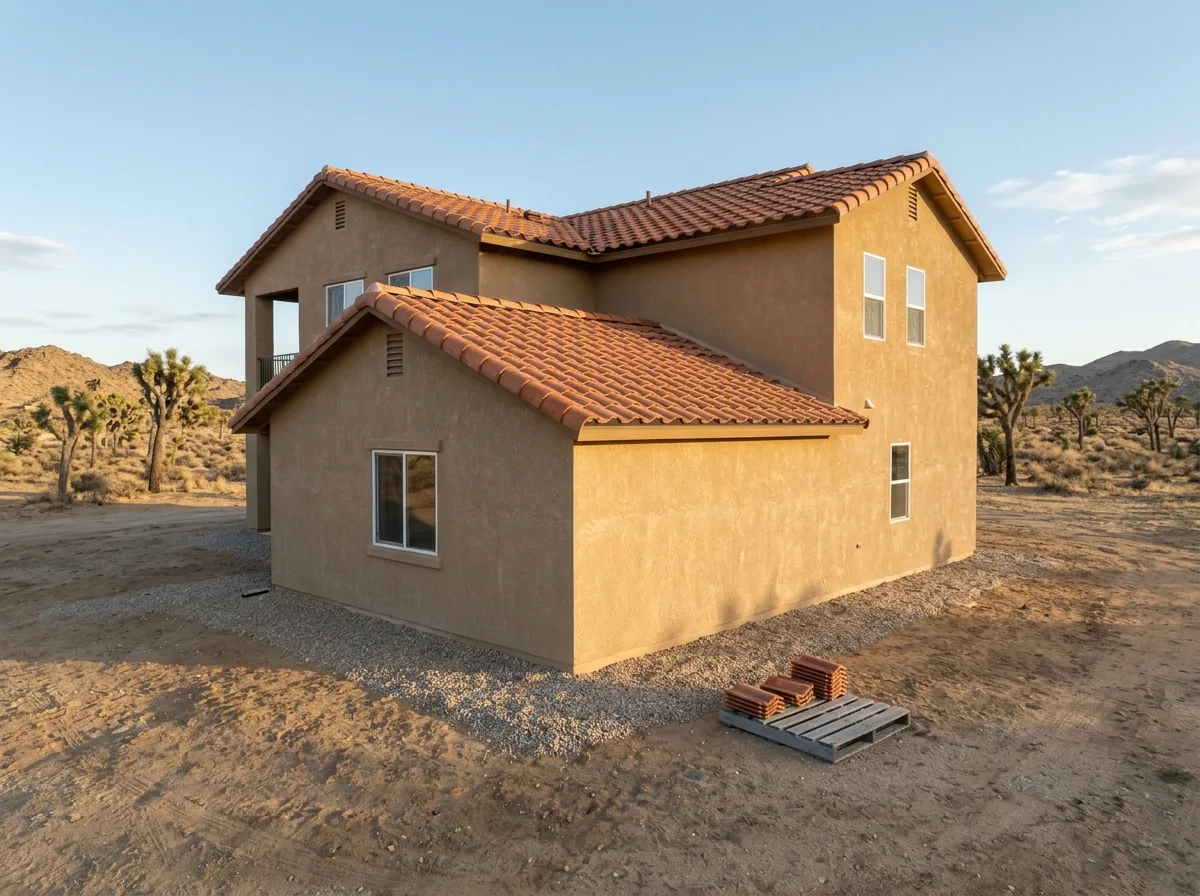 New two-story stucco home with fresh terracotta clay tile roof and bare desert lot in the High Desert