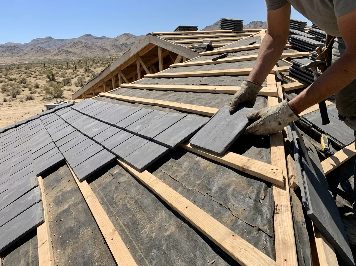 Gloved hands setting new flat concrete tiles over battens on a new home roof