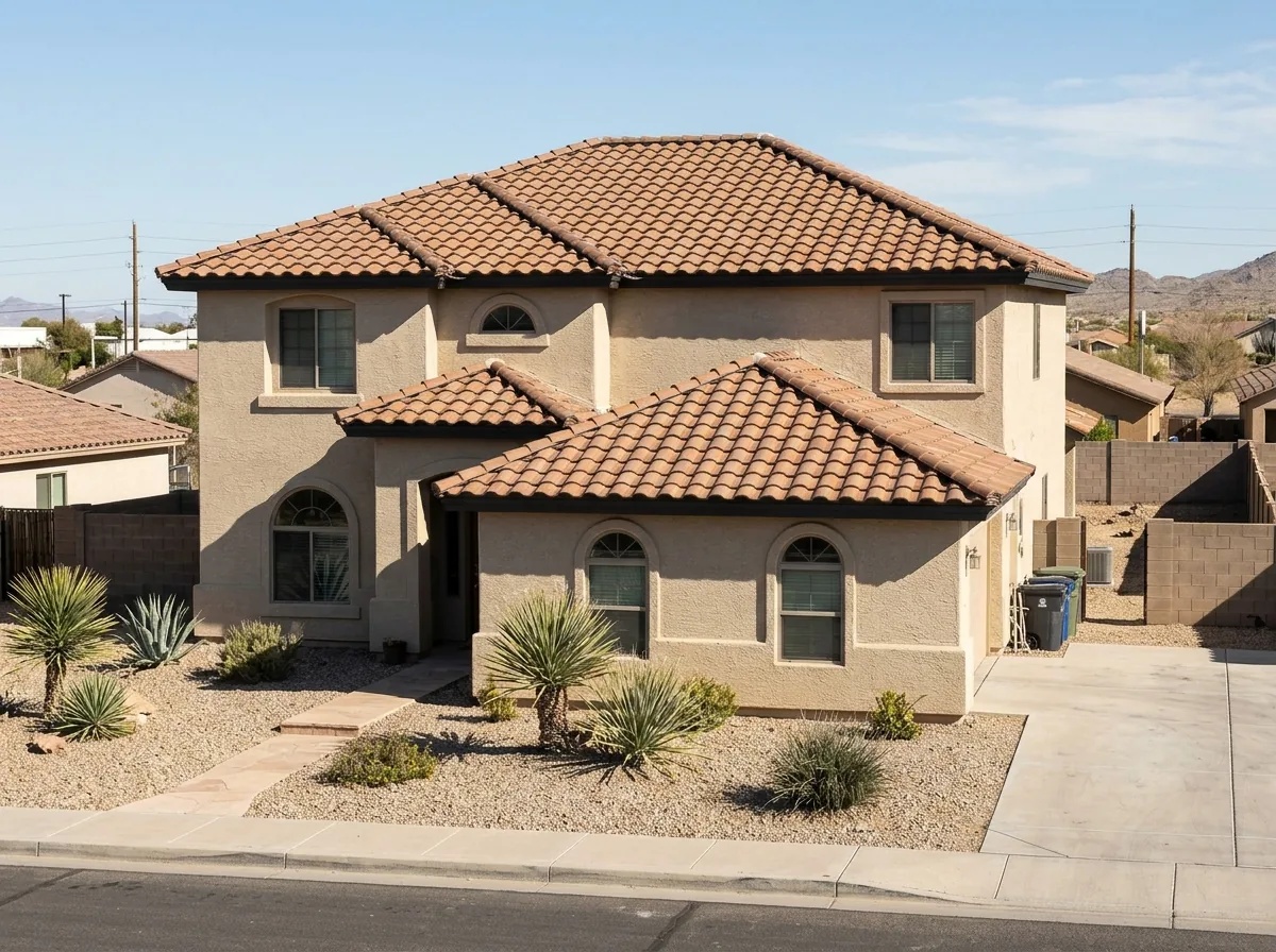 Concrete Spanish S-tile roof with deep curves on a beige stucco house in bright desert sun