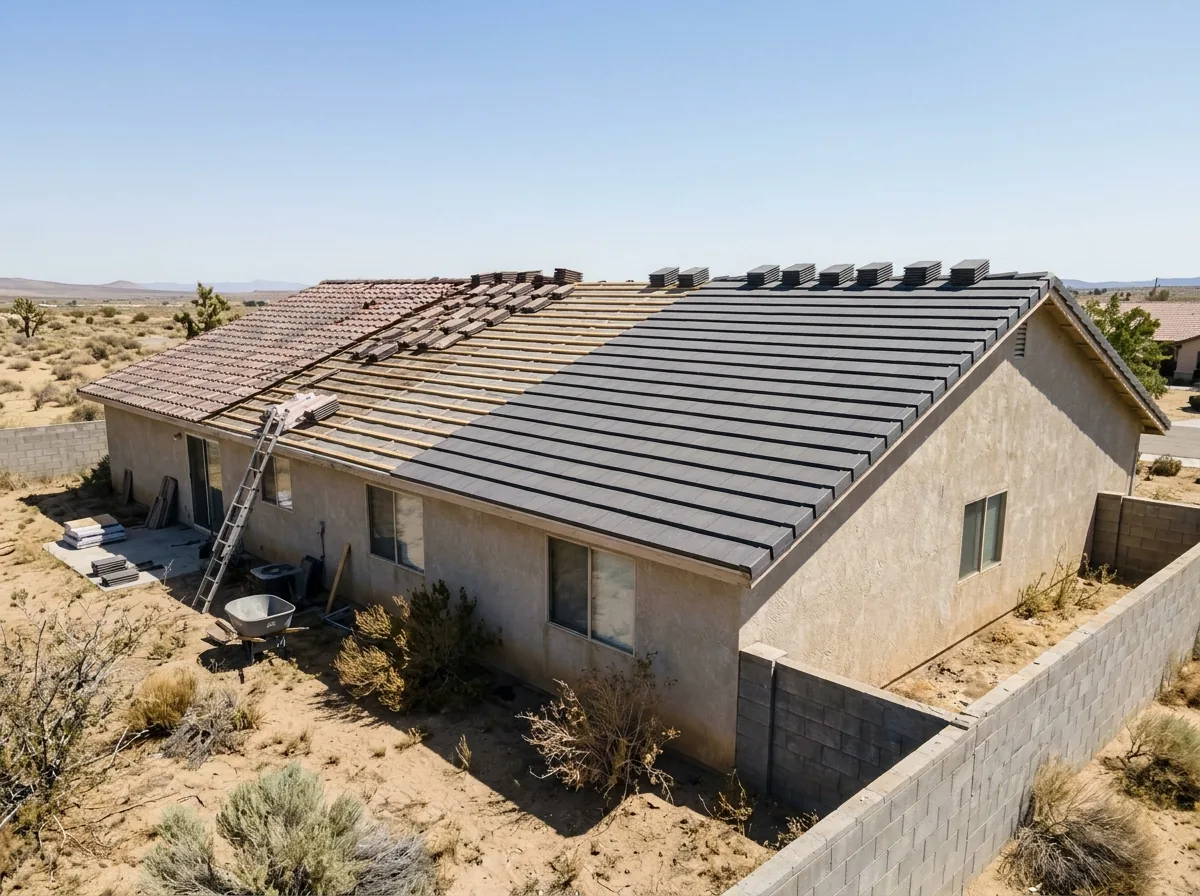 Back slope of a stucco house being re-tiled with new concrete tile while the front keeps its original tile