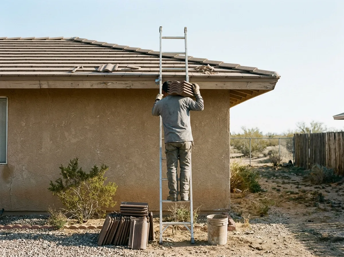 Roofer seen from behind carrying a bundle of concrete tile up a ladder to a single-story rental house