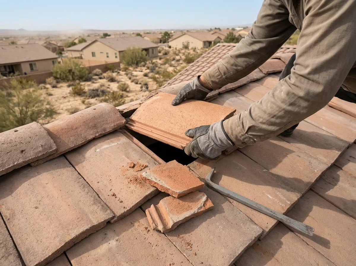 Gloved hands sliding a new concrete tile into a gap in a tile roof course
