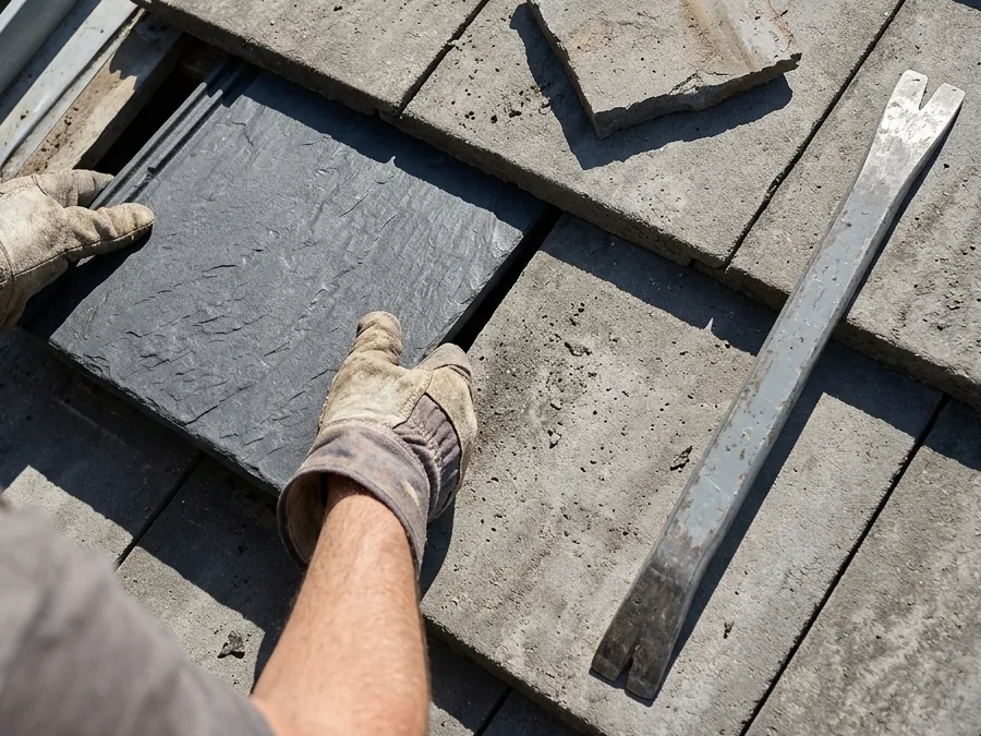 Replacement slate-look concrete tile being slid into a gap in a gray flat tile roof near the rake edge