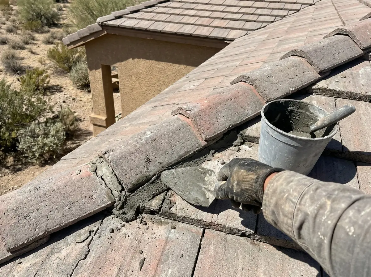 Gloved hand with a trowel filling cracked mortar at the end of a tile hip line