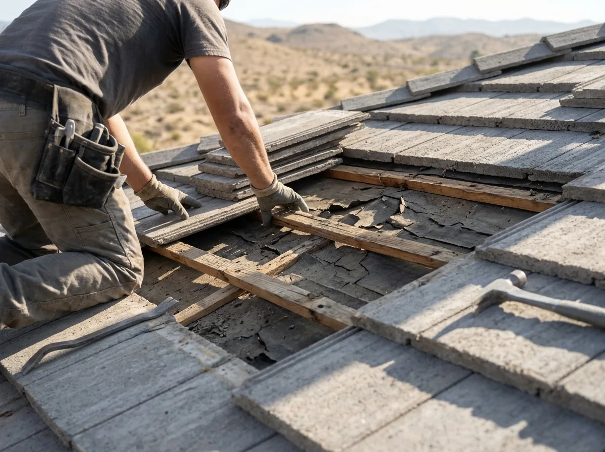 Roofer kneeling beside lifted concrete tiles, checking cracked old felt underlayment and battens
