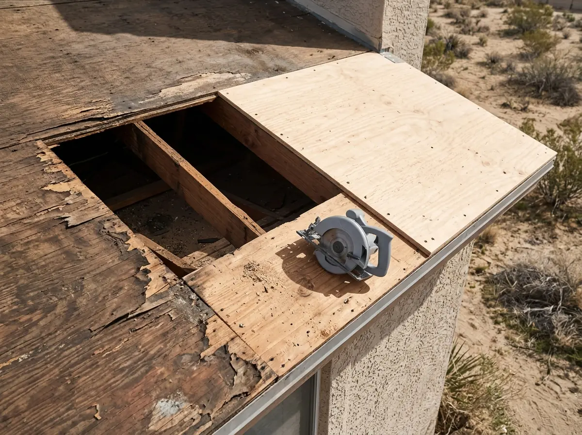 Close view of a dark water-stained plywood roof sheet being cut out next to new sheathing on an open roof