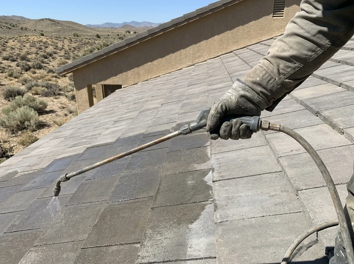 Low-pressure sprayer applying a clear sealer to clean gray concrete flat tiles on a sunny day