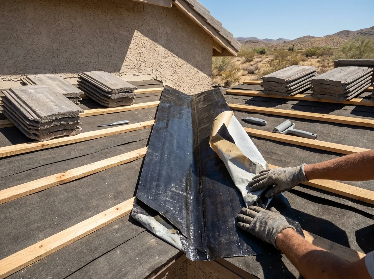Self-adhered membrane being pressed into a roof valley before tile goes back on a stucco home