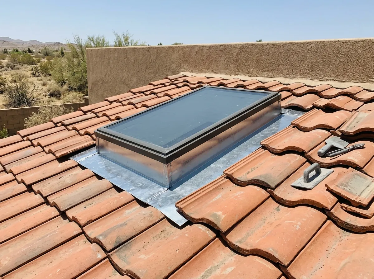 Skylight on a concrete tile roof with new metal flashing pans fitted around its curb