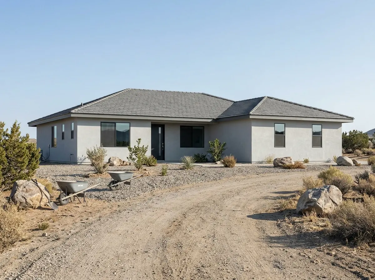 Flat gray concrete roof tiles with a slate texture on a modern stucco house roof in clear light