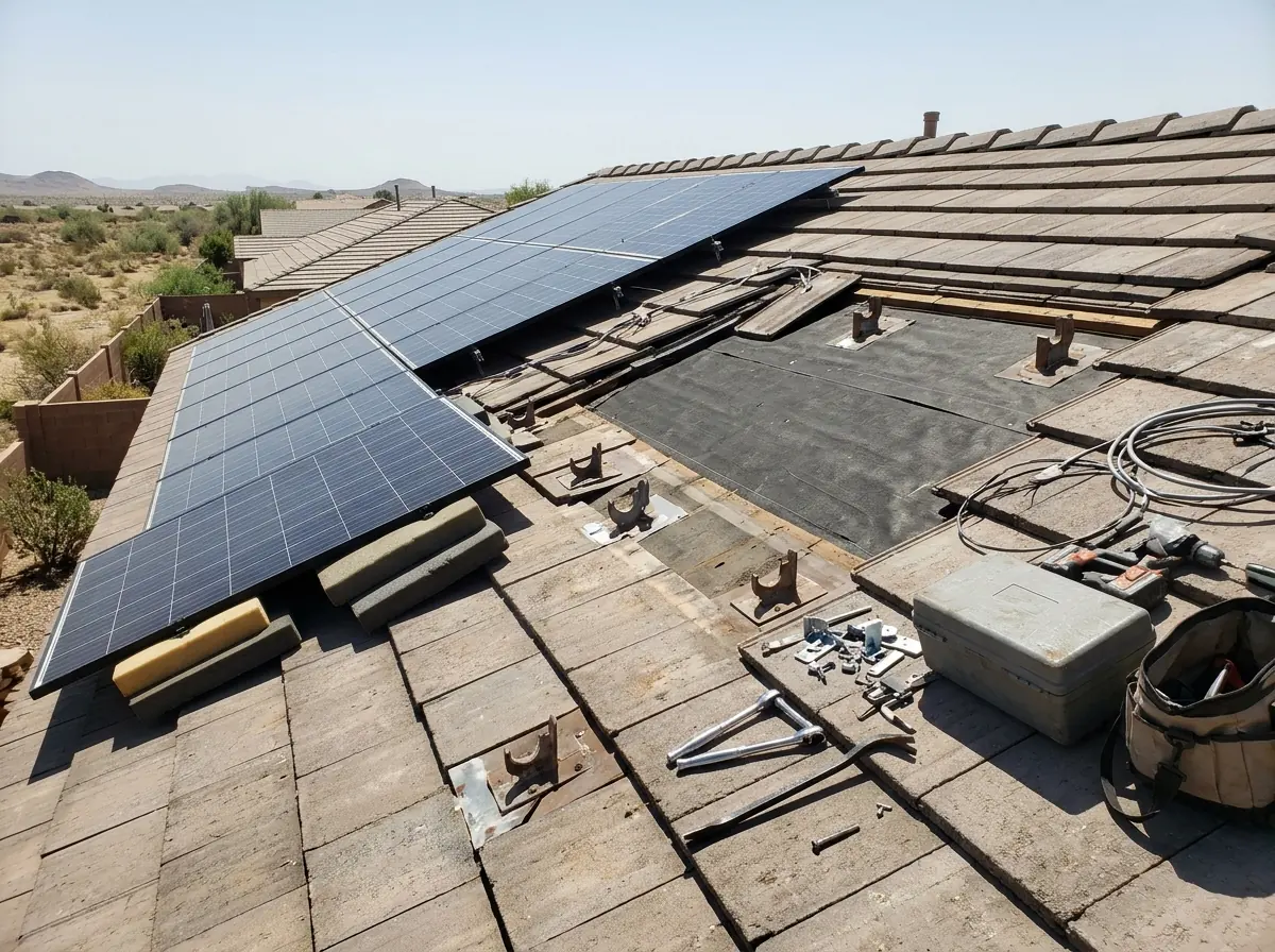 Solar panels set aside on a tile roof, showing flashed tile-roof mounts