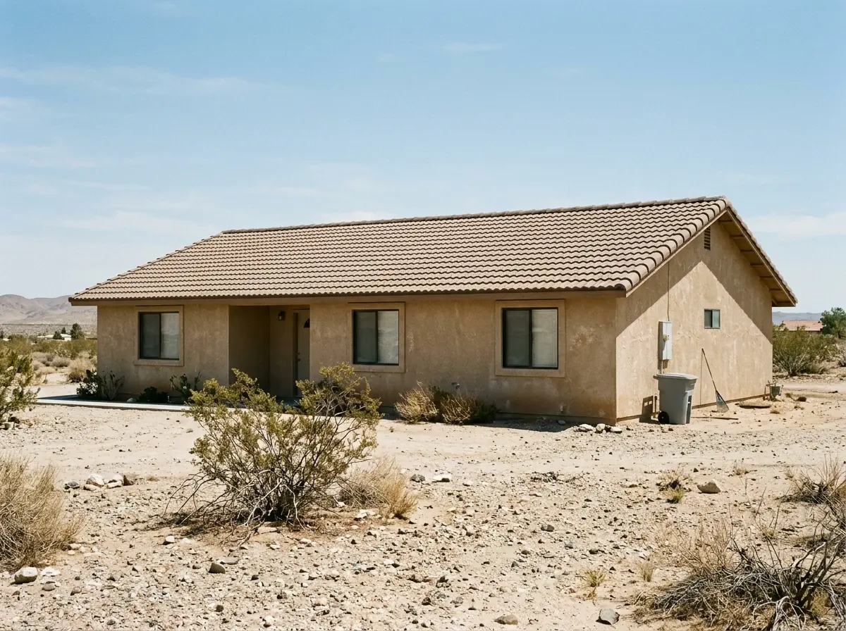 Rows of standard-weight concrete S-tiles on a stucco ranch house roof under clear desert light