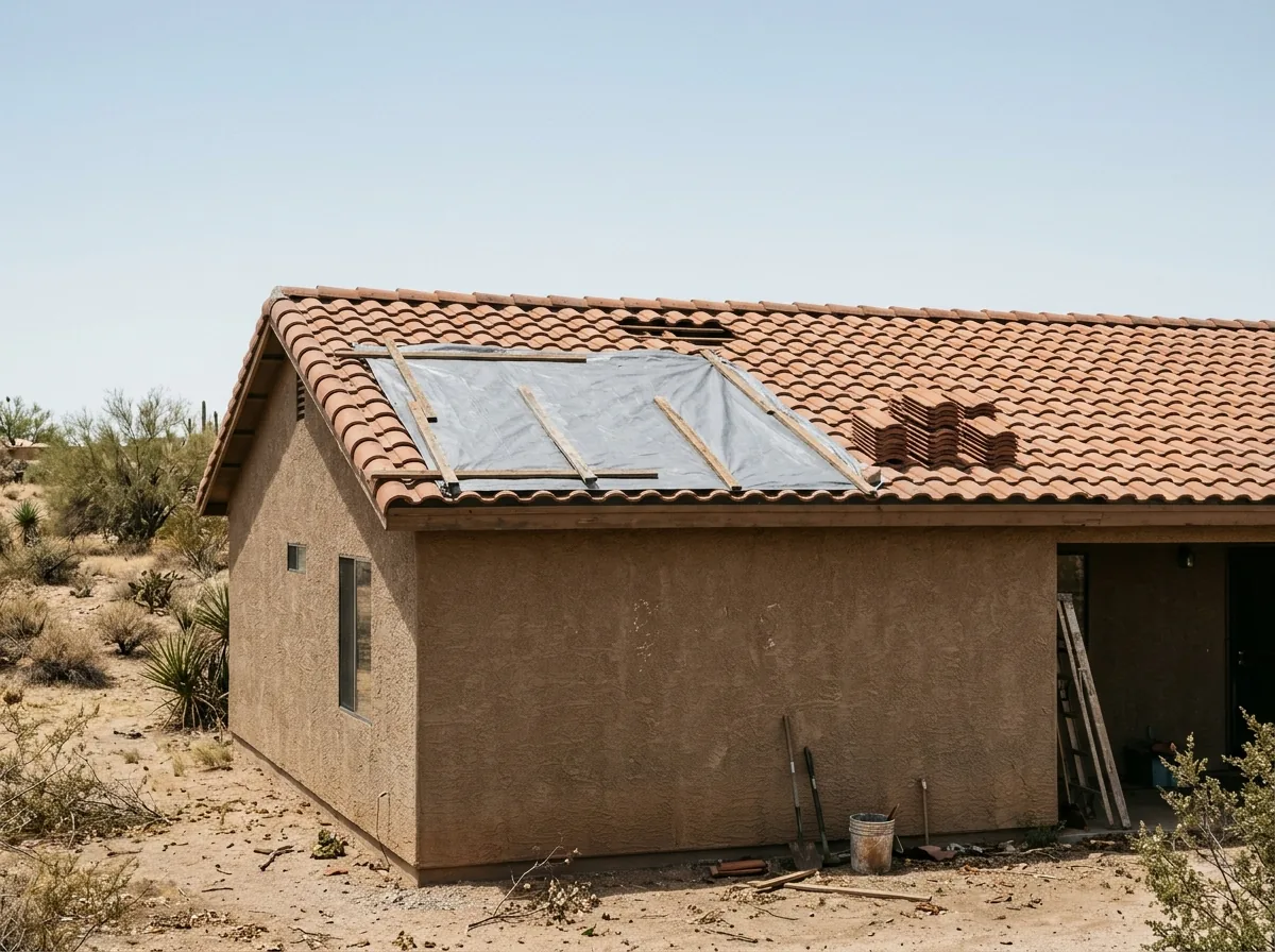Gray tarp secured over a section of a tile roof with missing tiles after a windstorm