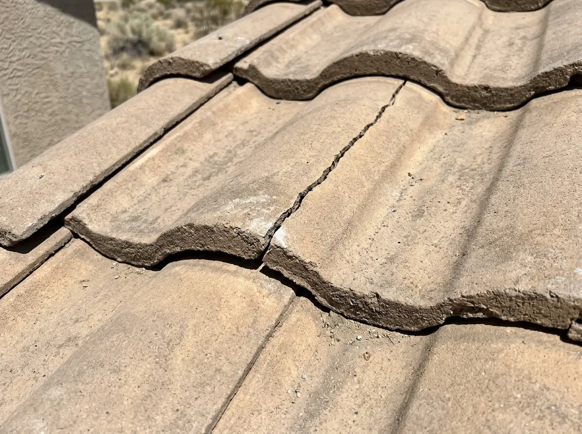 Close view of a concrete roof tile with a crack running across its full width