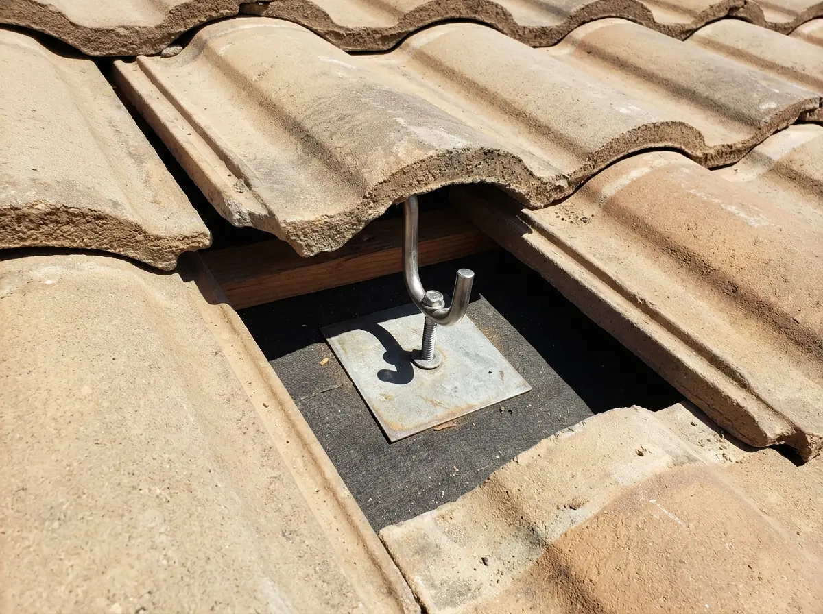 Close-up of a metal tile hook lagged to the roof deck under a lifted concrete S-tile, with flashing below