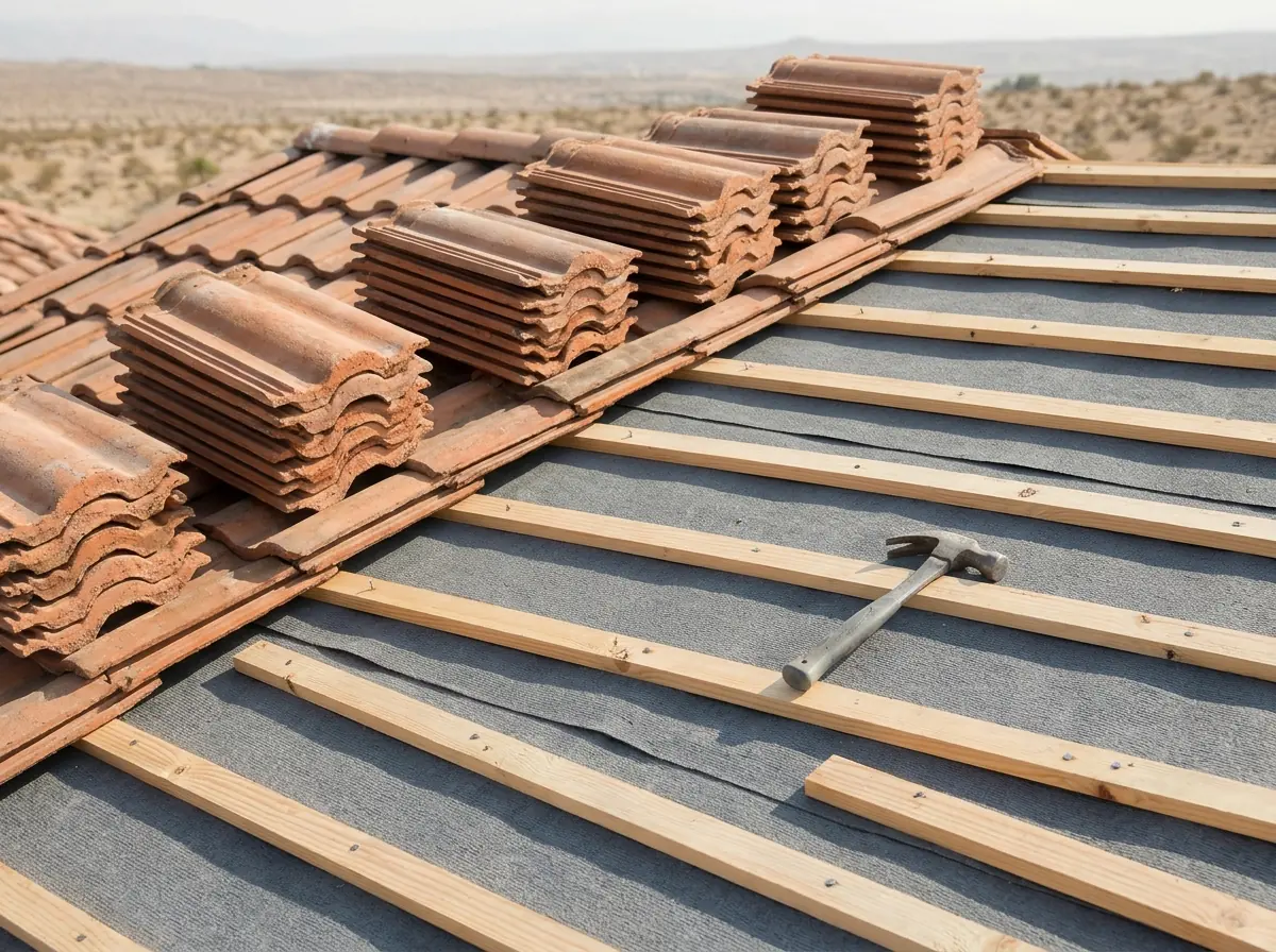 Original concrete S-tiles stacked on new underlayment and battens during a lift-and-relay