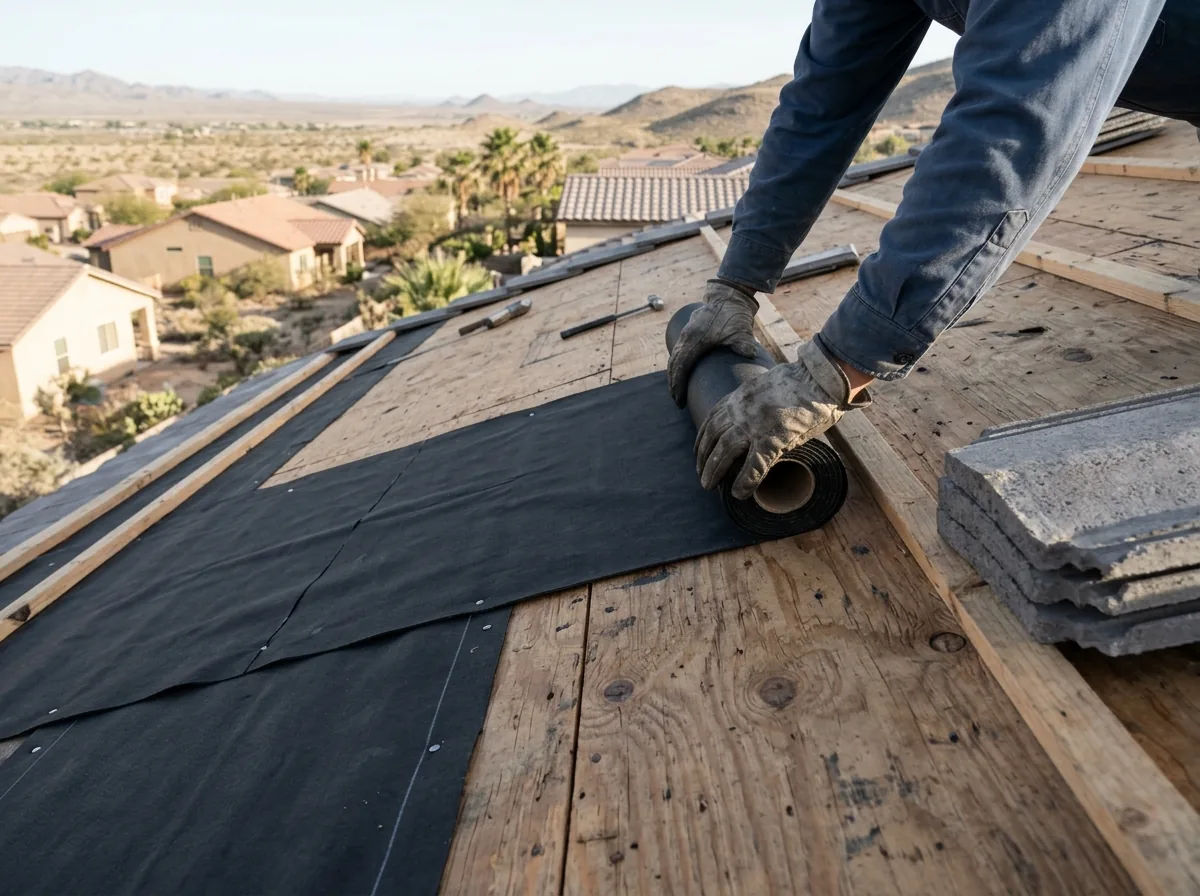 Roofer's gloved hands rolling black asphalt felt over plywood sheathing beside stacked concrete roof tiles