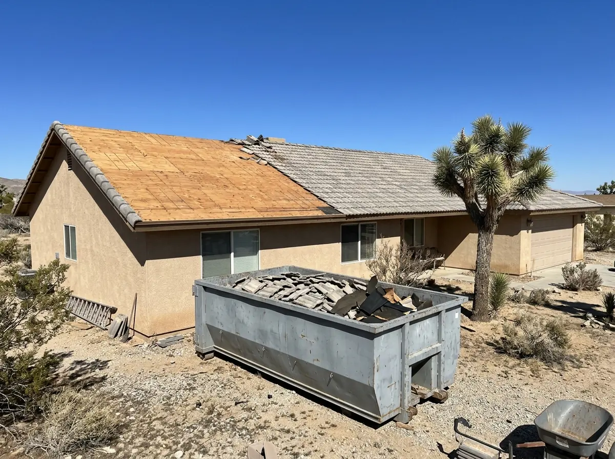 Roof stripped to bare plywood sheathing with old concrete tiles stacked in a dumpster below a stucco house