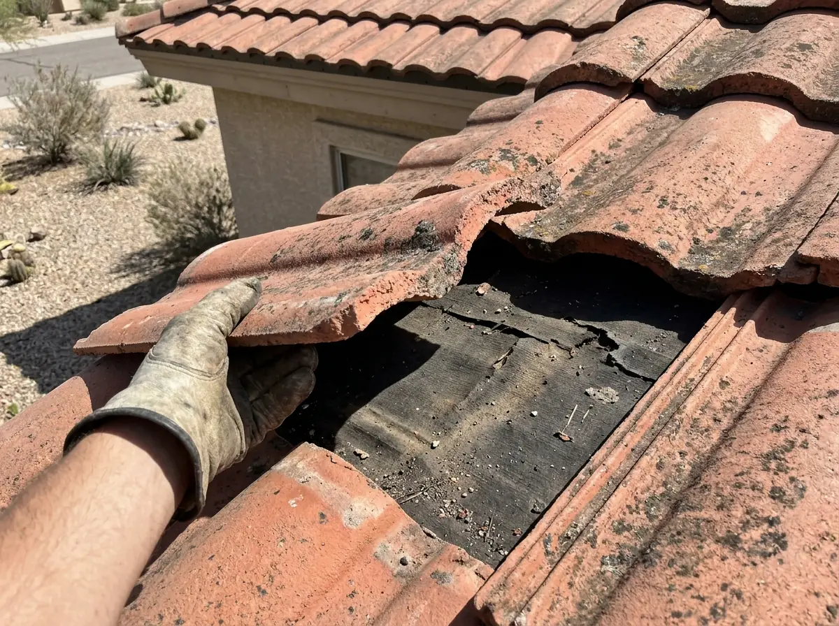 Gloved hand lifting a single concrete S-tile to show the aged underlayment beneath, stucco house below