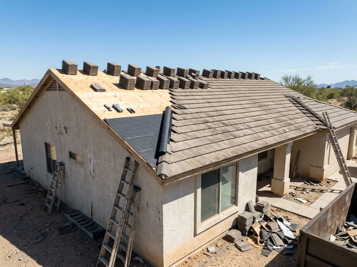 House mid re-roof with stripped decking, new underlayment and stacks of new concrete tile on the ridge