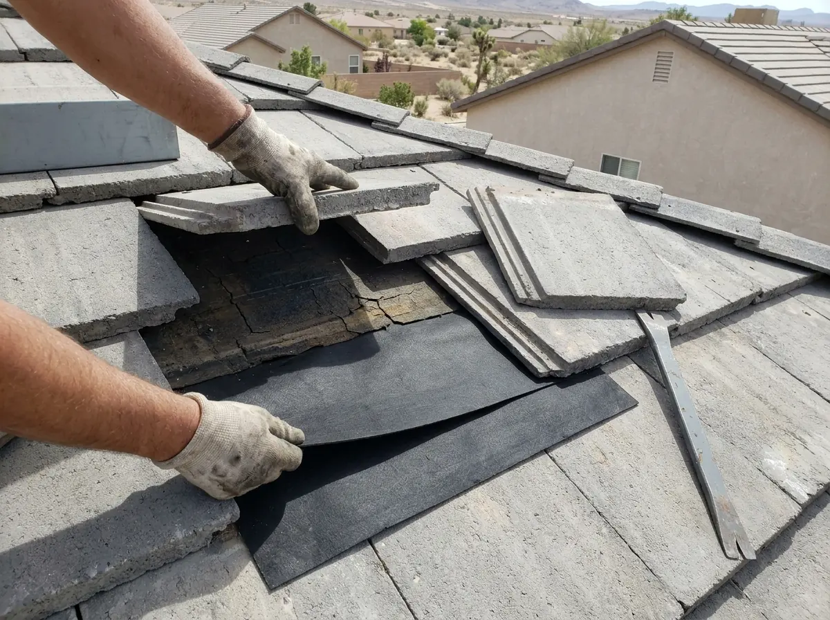 Gloved hands fitting a new piece of underlayment beneath lifted concrete tiles on a sunny roof