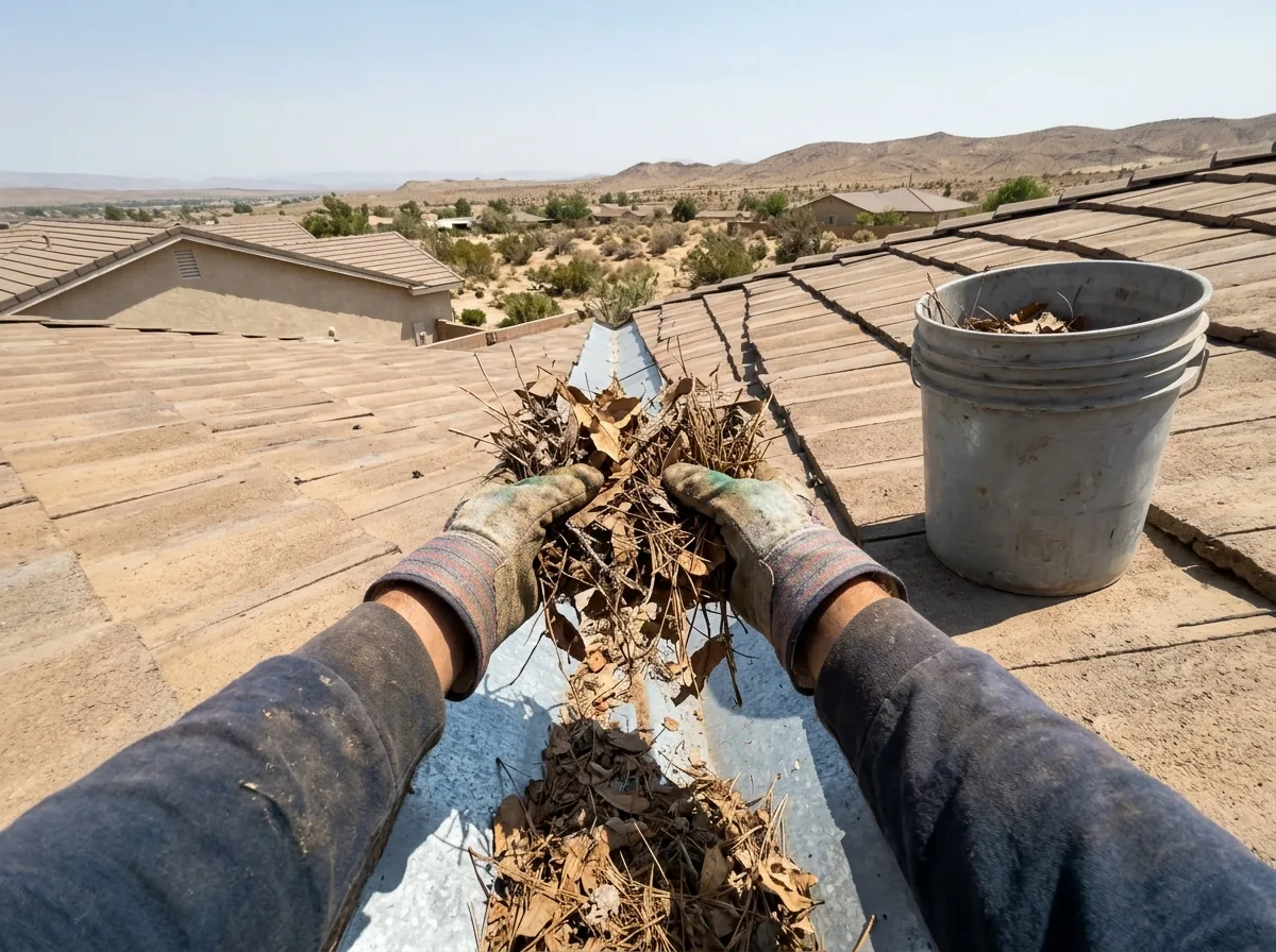 Gloved hands clearing dry leaves and wind-blown debris from a metal valley between rows of concrete tile